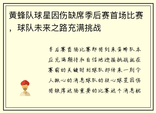 黄蜂队球星因伤缺席季后赛首场比赛，球队未来之路充满挑战