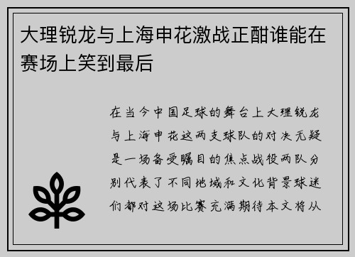 大理锐龙与上海申花激战正酣谁能在赛场上笑到最后